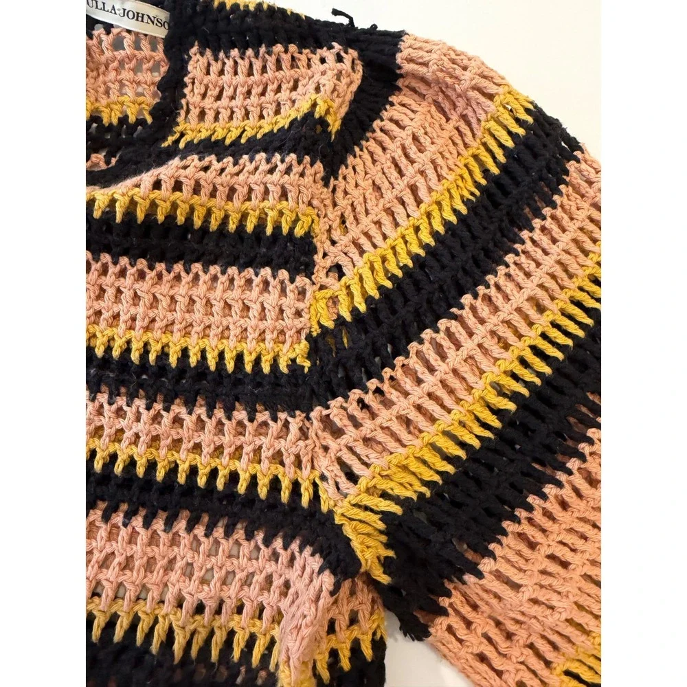 Ulla‎ Johnson Amata Crochet Knit Striped Puff Sleeve Top Pink Yellow Black CS p